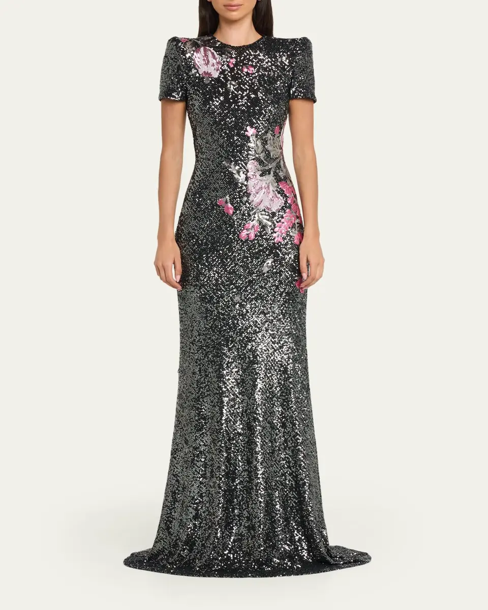 Naeem Khan Floral Applique Stretch Sequin Cap-Sleeve Gown | Thumbnail 2