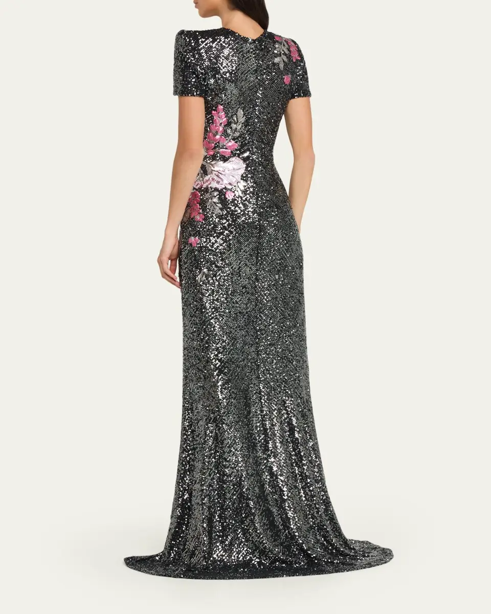 Naeem Khan Floral Applique Stretch Sequin Cap-Sleeve Gown | Thumbnail 3