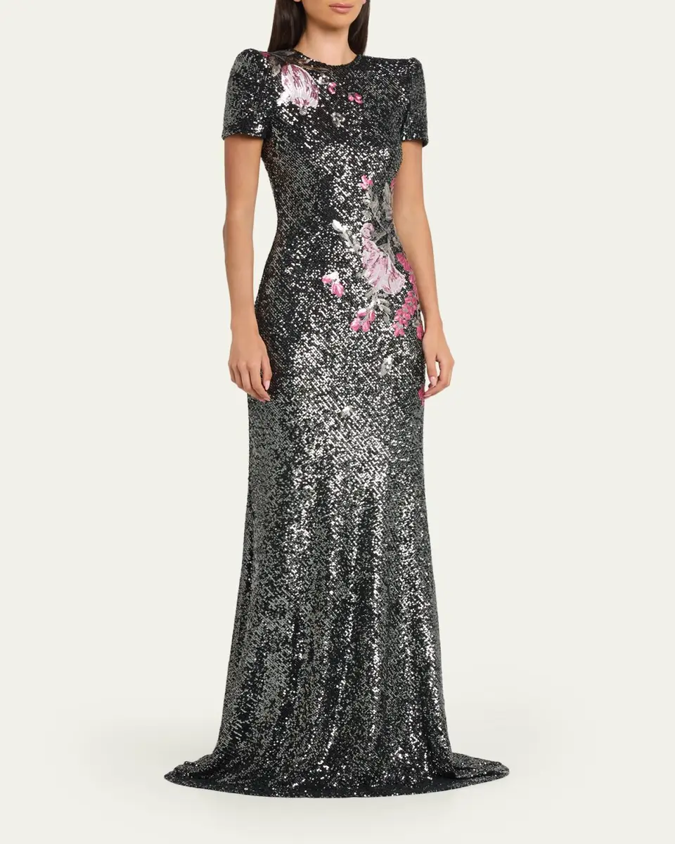 Naeem Khan Floral Applique Stretch Sequin Cap-Sleeve Gown | Thumbnail 4