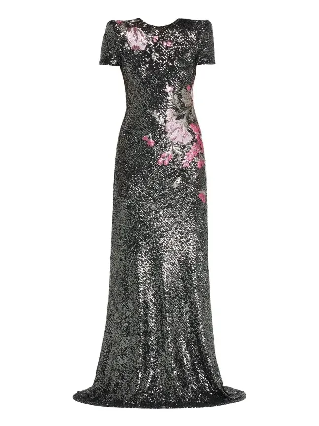 Floral Applique Stretch Sequin Cap-Sleeve Gown Floral Applique Stretch Sequin Cap-Sleeve Gown