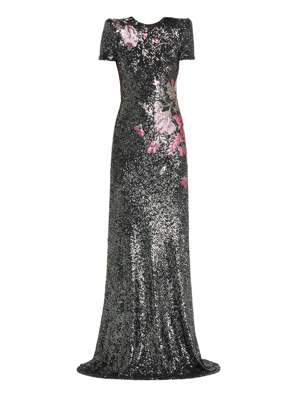 Floral Applique Stretch Sequin Cap-Sleeve Gown