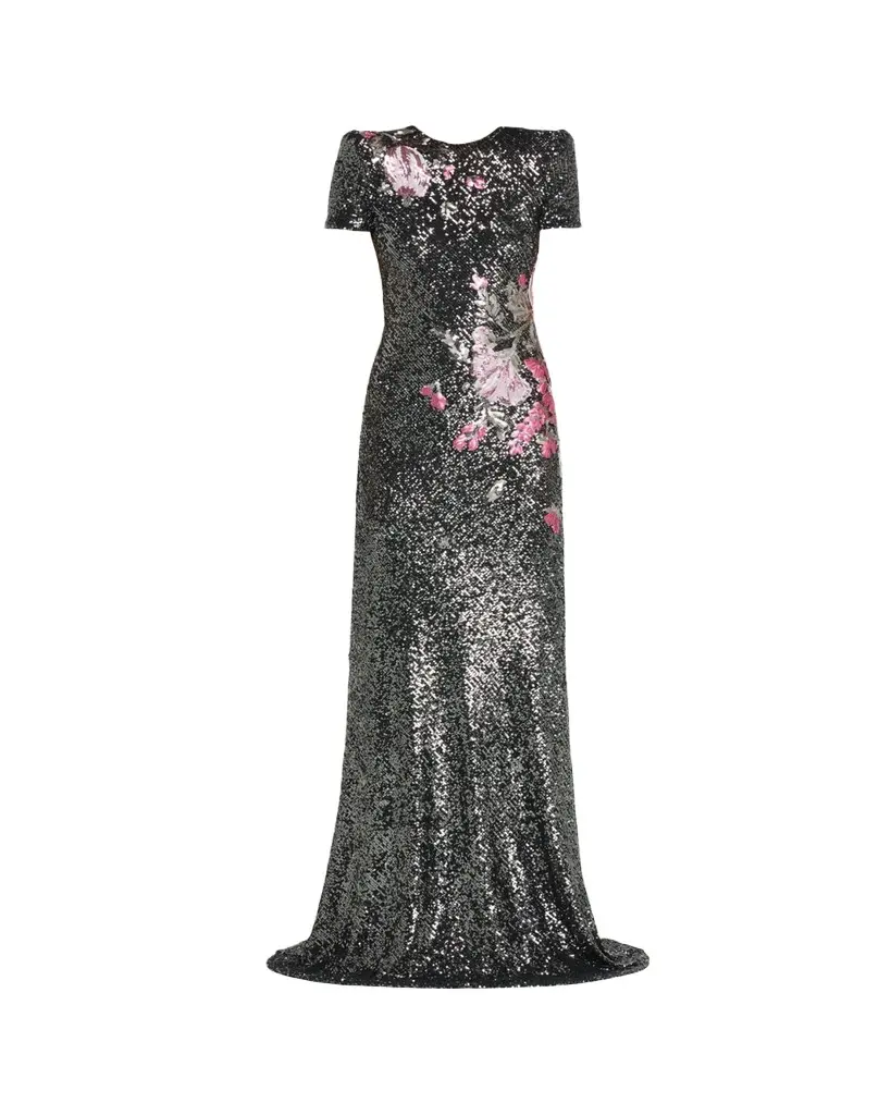 Naeem Khan Floral Applique Stretch Sequin Cap-Sleeve Gown | Image 1 Naeem Khan Floral Applique Stretch Sequin Cap-Sleeve Gown | Image 1