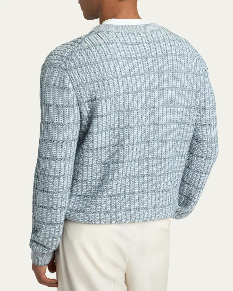 Brioni Men's Cotton and Linen Grid Knit Crewneck Sweater | Thumbnail 3 Brioni Men's Cotton and Linen Grid Knit Crewneck Sweater | Thumbnail 3