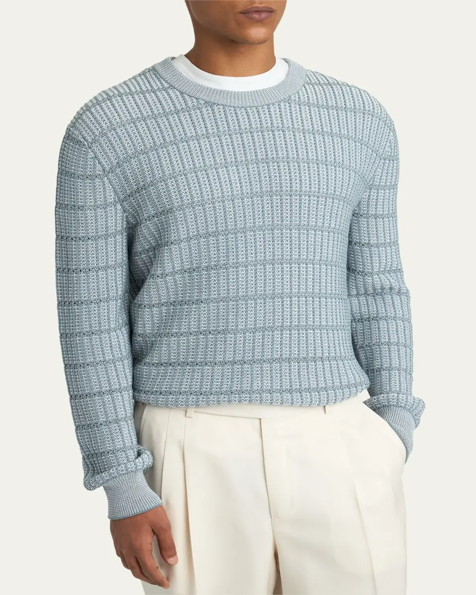 Brioni Men's Cotton and Linen Grid Knit Crewneck Sweater | Thumbnail 4 Brioni Men's Cotton and Linen Grid Knit Crewneck Sweater | Thumbnail 4