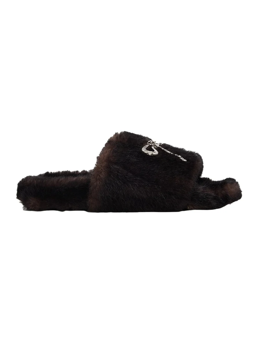 Balenciaga Embellished Bow Faux Fur Slide Sandals