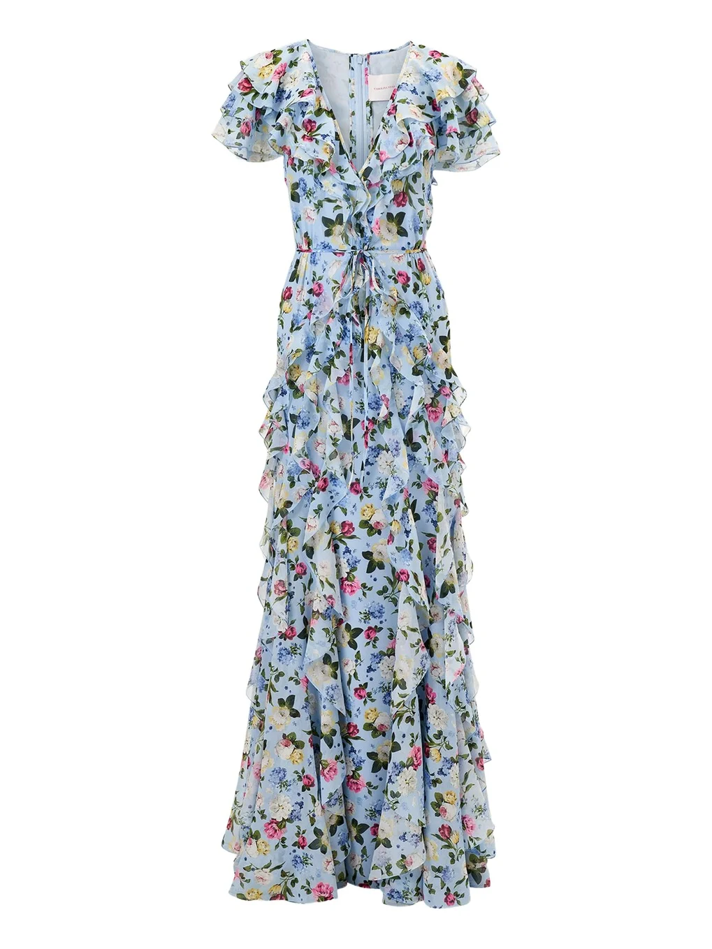 Carolina Herrera Floral Ruffle Chiffon Short-Sleeve Maxi Dress