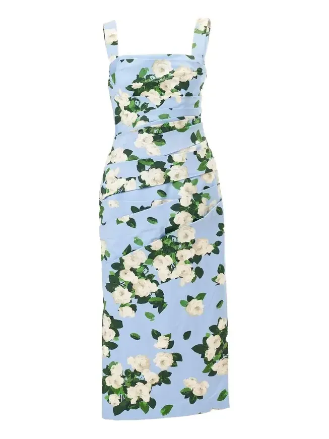 Draped Floral Cotton Sleeveless Midi Dress Draped Floral Cotton Sleeveless Midi Dress