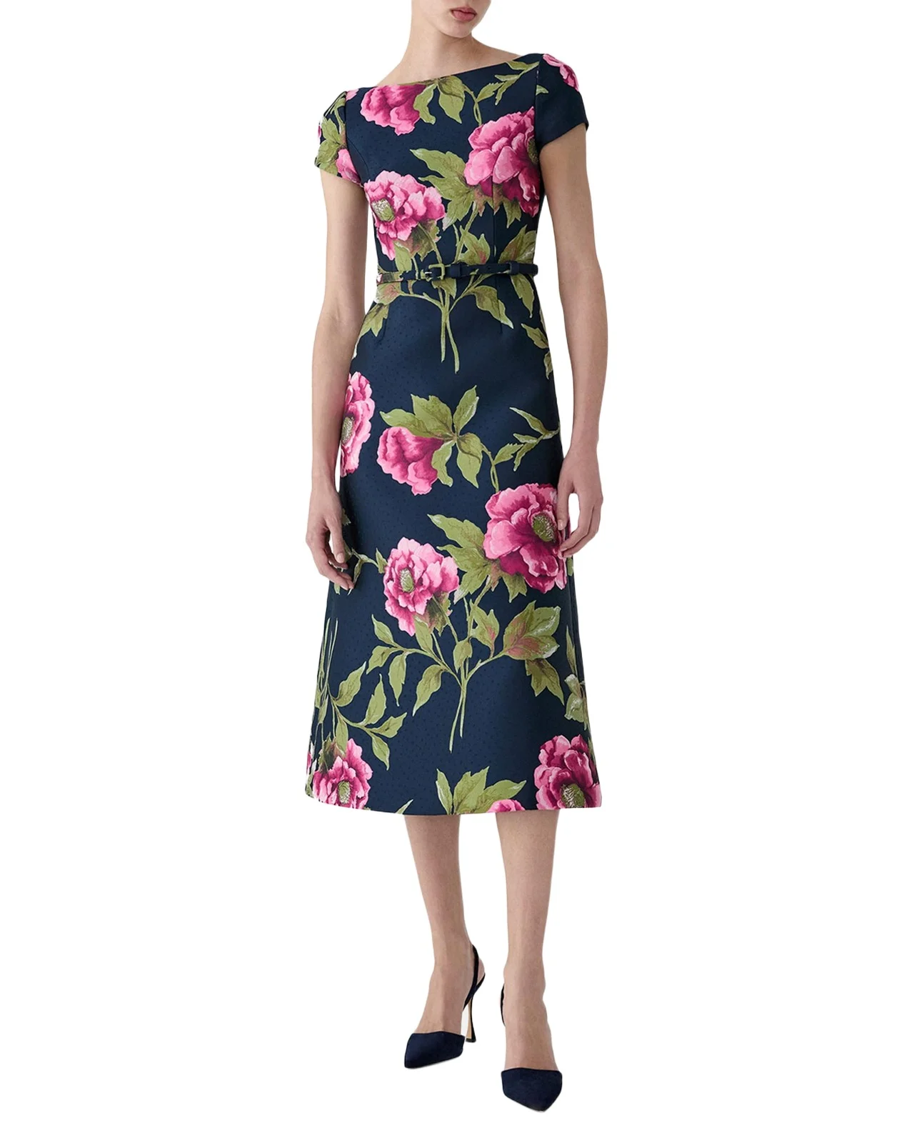 Metallic Floral Jacquard Short-Sleeve Belted Midi Dress