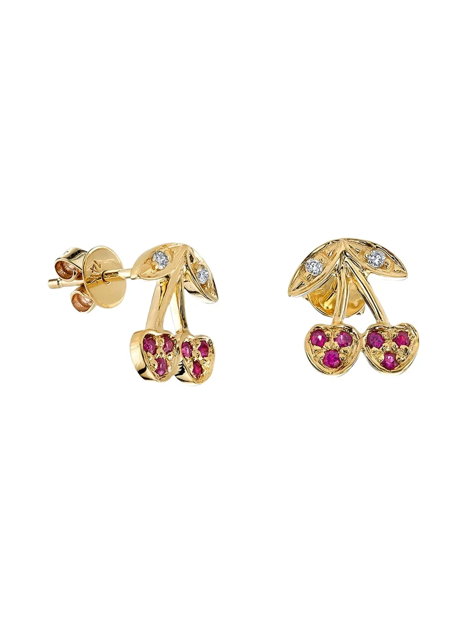 14K Diamond and Ruby Cherry Stud Earrings