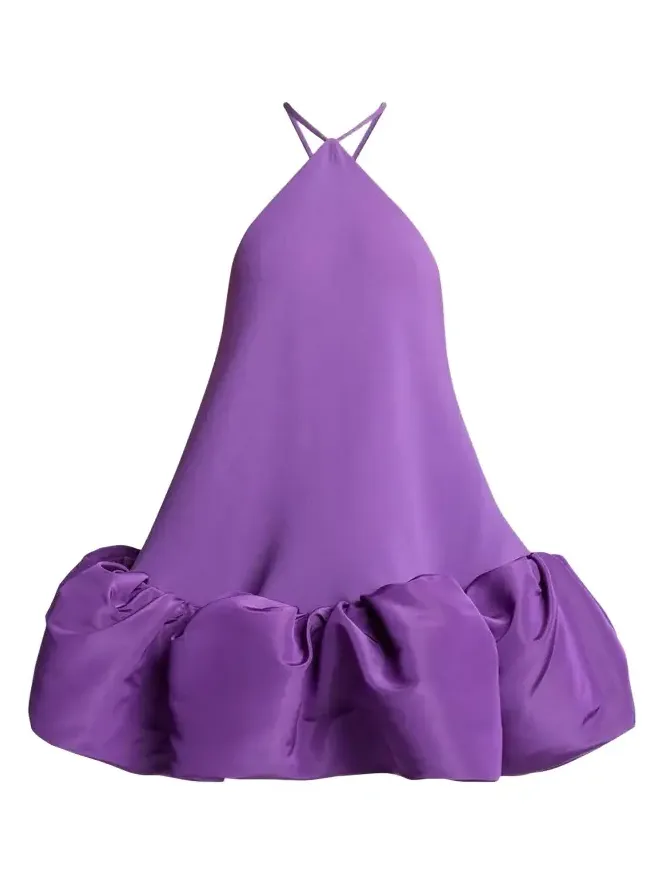 Silk Balloon Ruffle Mini Halter Dress