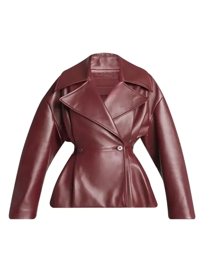 Pleated Leather Short Peplum Trench Coat