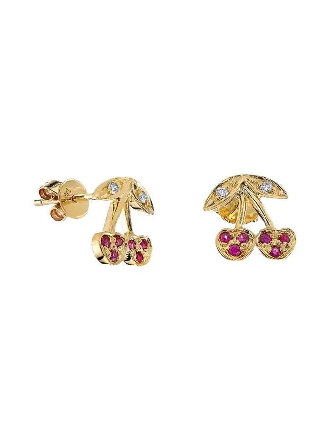 14K Diamond and Ruby Cherry Stud Earring, Single 14K Diamond and Ruby Cherry Stud Earring, Single