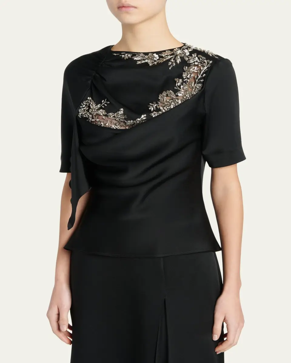 Alexander McQueen Embroidered Lace Draped Silk Top | Thumbnail 4 Alexander McQueen Embroidered Lace Draped Silk Top | Thumbnail 4