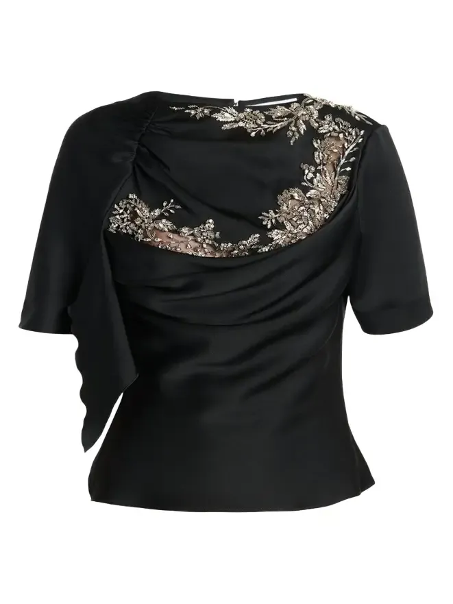 Embroidered Lace Draped Silk Top