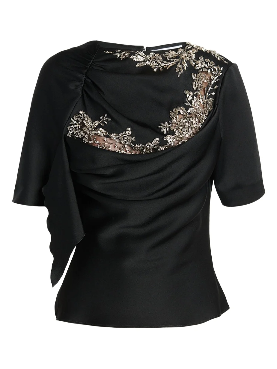 Embroidered Lace Draped Silk Top Embroidered Lace Draped Silk Top