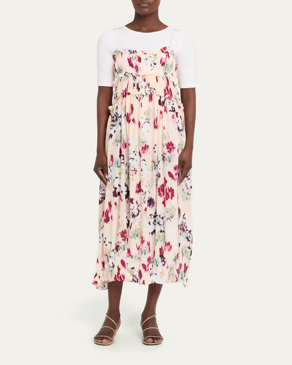 Ulla Johnson Clove Ruffled Floral Silk A-Line Midi Dress | Thumbnail 2