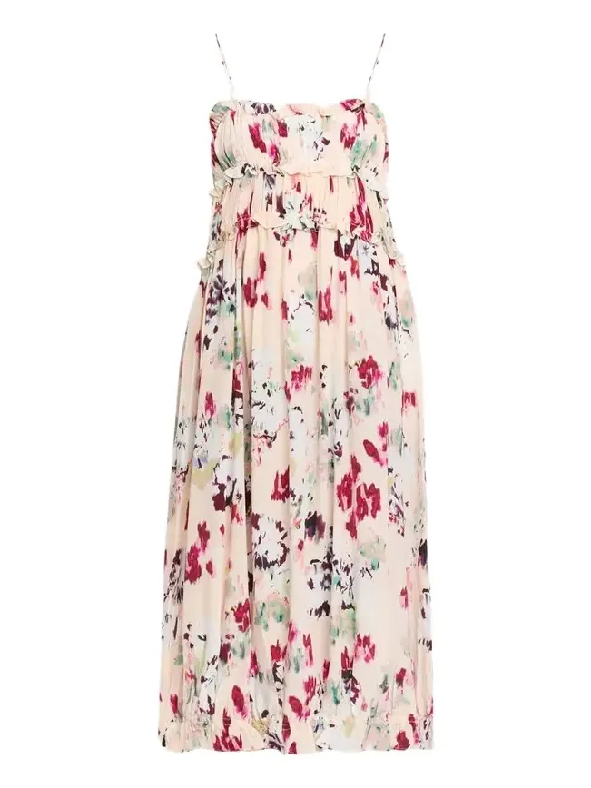 Clove Ruffled Floral Silk A-Line Midi Dress Clove Ruffled Floral Silk A-Line Midi Dress