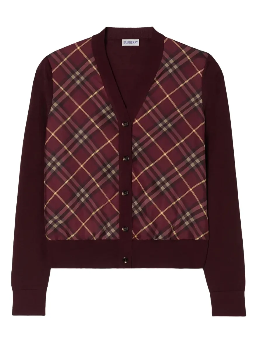 Check-Front Wool Silk Cardigan