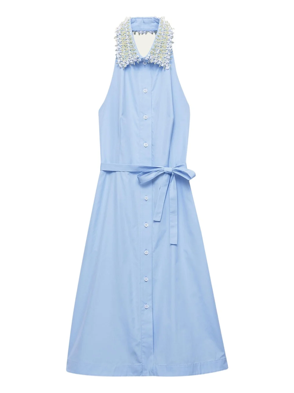 Prada Embellished-Collar Belted Cotton Halter Shirtdress