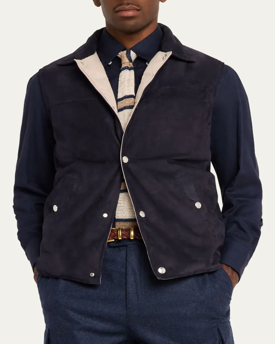 Brunello Cucinelli Men's Suede Snap-Front Vest | Thumbnail 4