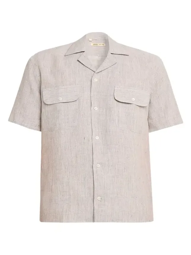 Men's Linen Micro-Plaid Flap-Pocket Bowling Shirt