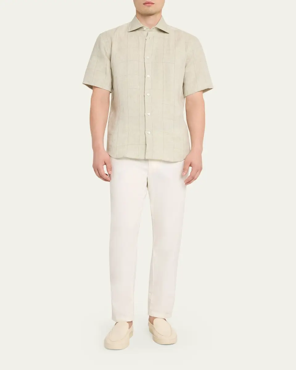 Baldassari Men's Linen Windowpane Check Short-Sleeve Shirt | Thumbnail 2