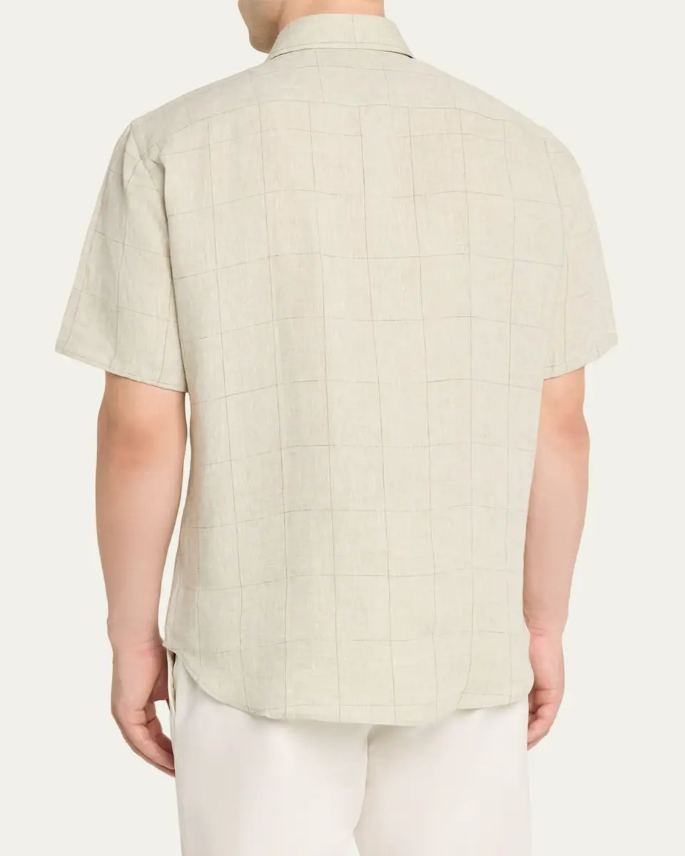 Baldassari Men's Linen Windowpane Check Short-Sleeve Shirt | Thumbnail 3