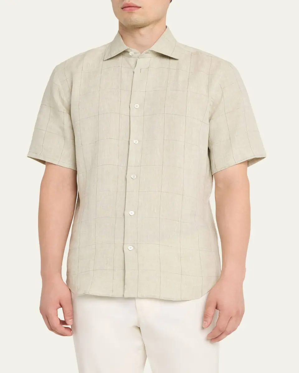 Baldassari Men's Linen Windowpane Check Short-Sleeve Shirt | Thumbnail 4