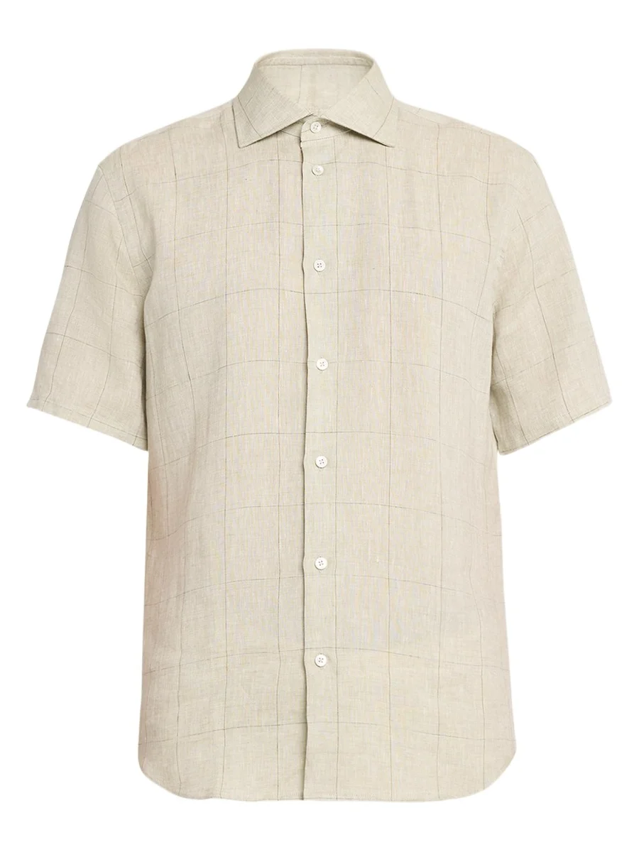 Men's Linen Windowpane Check Short-Sleeve Shirt