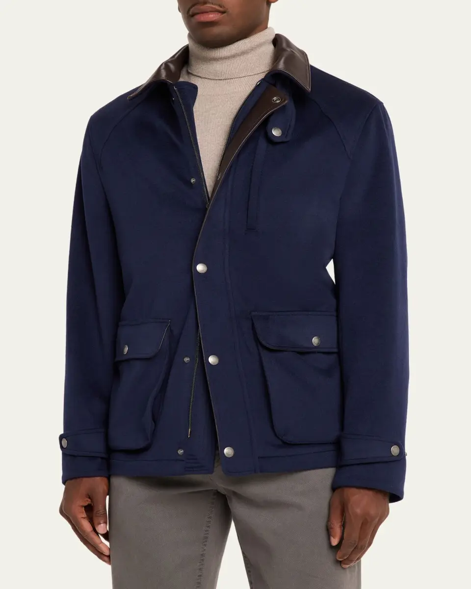 Brunello Cucinelli Men's Wool Leather-Trim Field Jacket | Thumbnail 4 Brunello Cucinelli Men's Wool Leather-Trim Field Jacket | Thumbnail 4