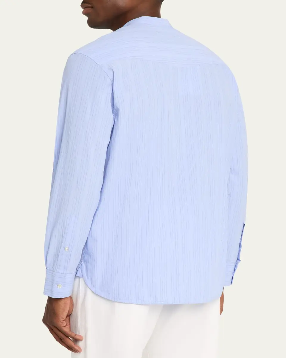 OFFICINE GÉNÉRALE Men's Organic Cotton Stripe Band Collar Sport Shirt | Thumbnail 3 OFFICINE GÉNÉRALE Men's Organic Cotton Stripe Band Collar Sport Shirt | Thumbnail 3