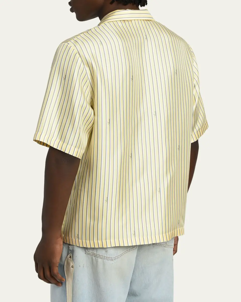 AMIRI Men's Silk Micro-Logo Stripe Short-Sleeve Shirt | Thumbnail 3