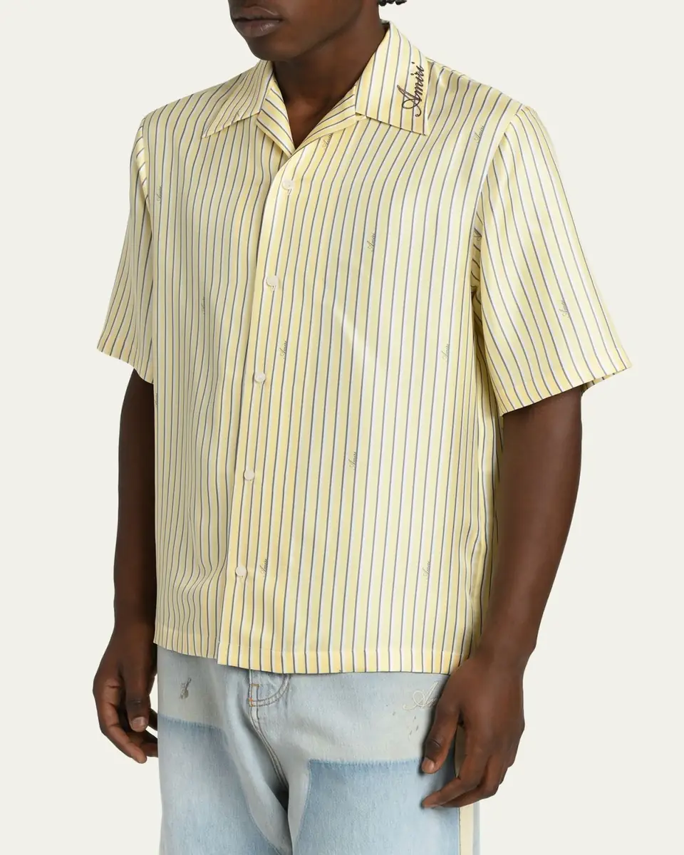 AMIRI Men's Silk Micro-Logo Stripe Short-Sleeve Shirt | Thumbnail 4