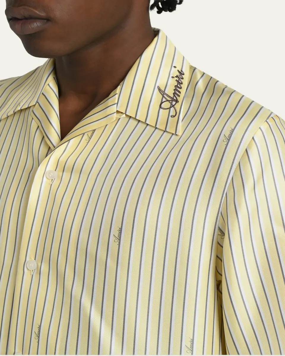 AMIRI Men's Silk Micro-Logo Stripe Short-Sleeve Shirt | Thumbnail 5