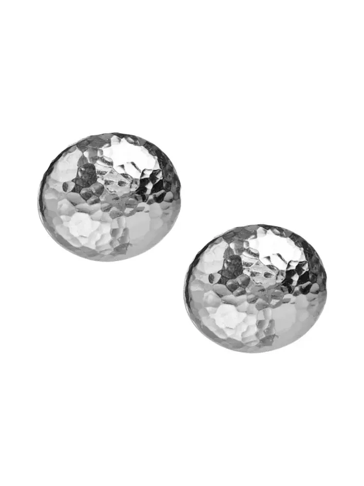 Hammered Button Stud Clip Earrings in Sterling Silver