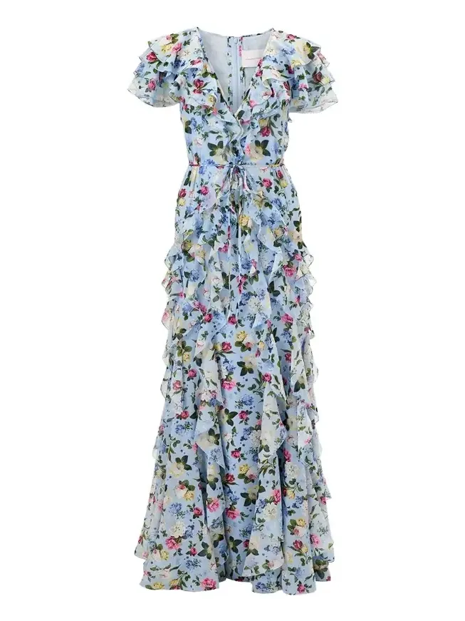 Floral Ruffle Chiffon Short-Sleeve Maxi Dress
