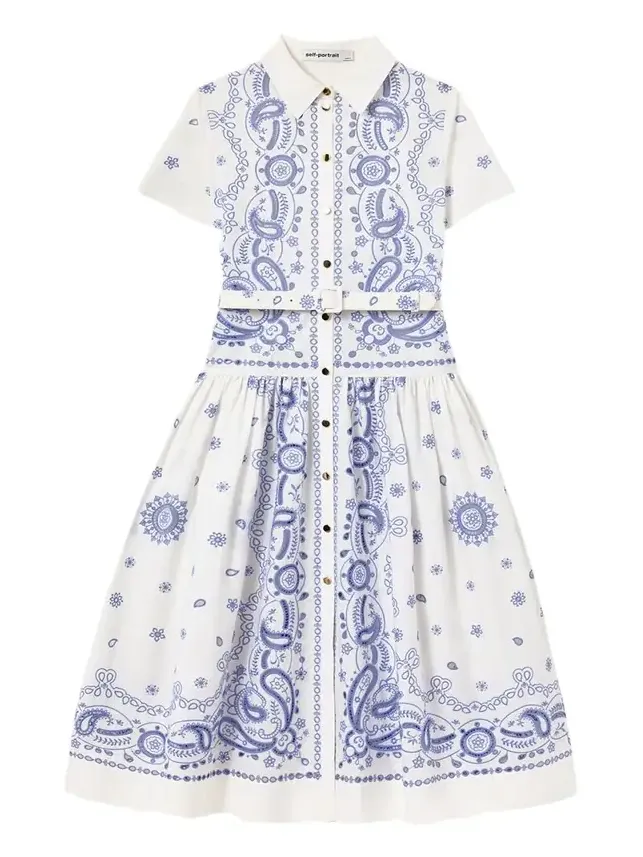 Embroidered Cotton Belted Midi Dress