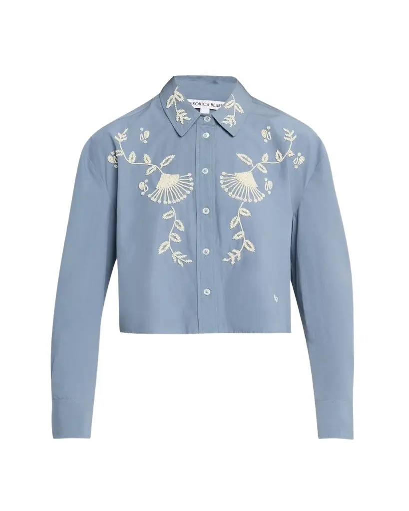 Veronica Beard Aderes Embroidered Cropped Cotton Shirt | Image 1 Veronica Beard Aderes Embroidered Cropped Cotton Shirt | Image 1
