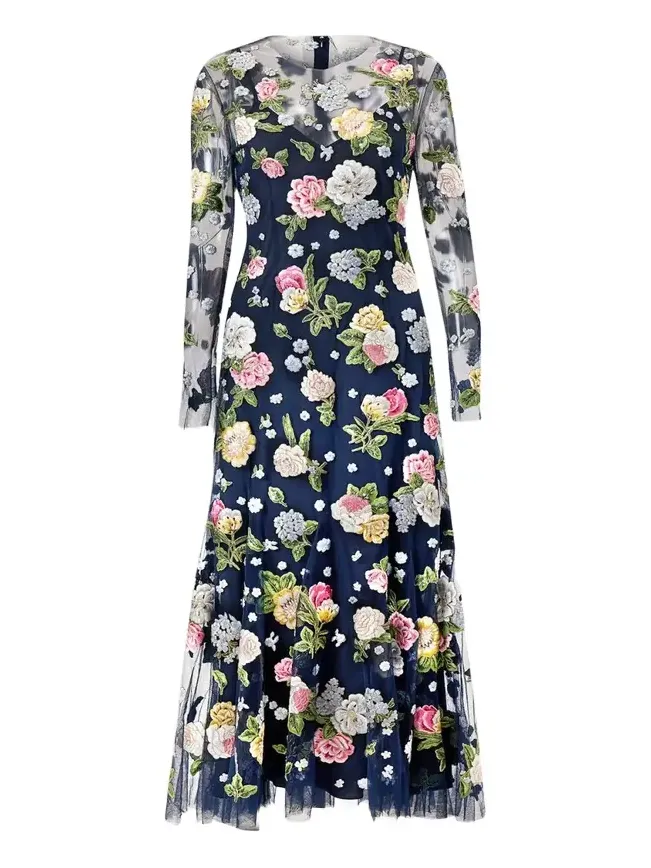 Floral Embroidered Tulle Long-Sleeve Midi Dress