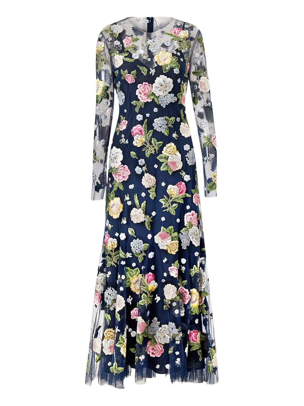 Floral Embroidered Tulle Long-Sleeve Midi Dress Floral Embroidered Tulle Long-Sleeve Midi Dress