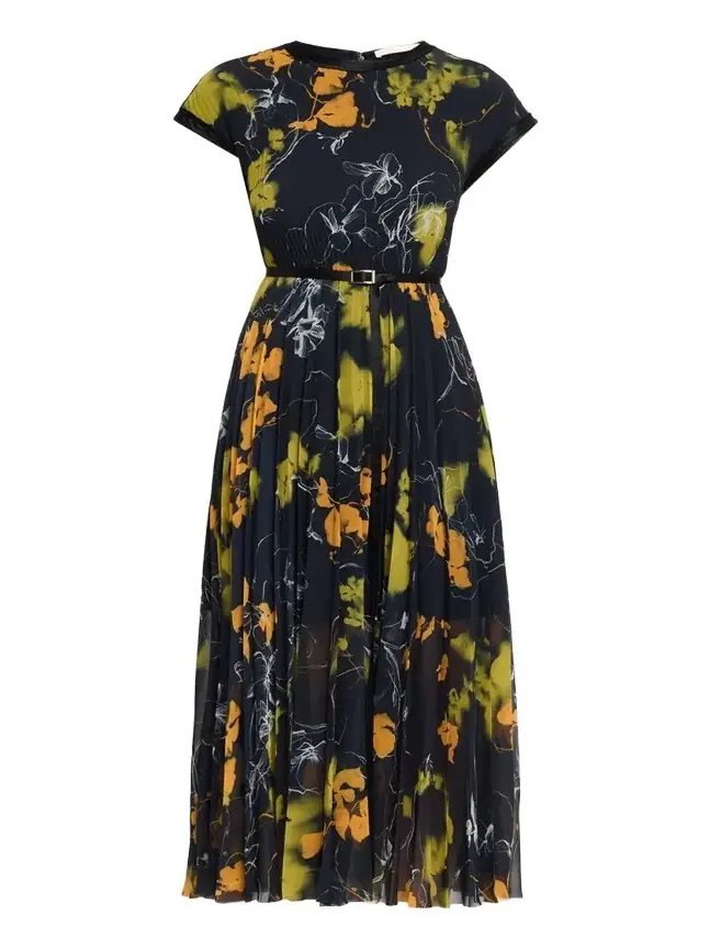 Shadow Floral Pleated Crepe De Chine Midi Dress