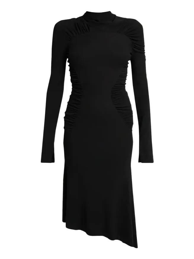 High-Neck Contour-Ruched Midi Dress