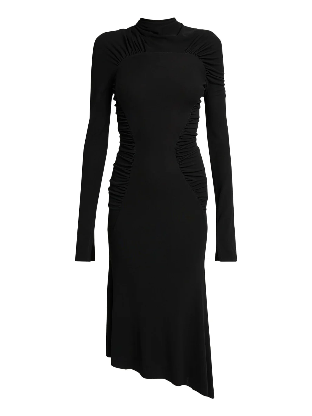 High-Neck Contour-Ruched Midi Dress