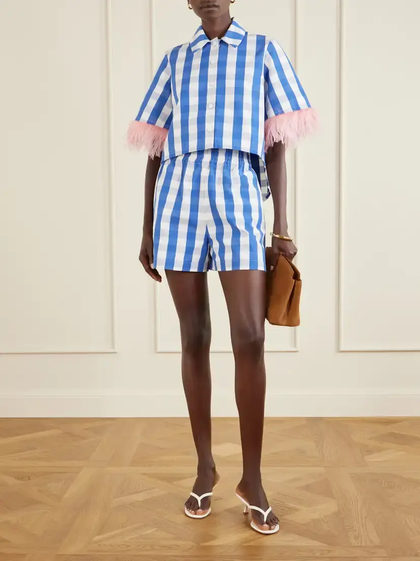 Marta Ferri Picnic Cropped Checked Feather-trimmed Cotton-blend Blouse | Thumbnail 2 Marta Ferri Picnic Cropped Checked Feather-trimmed Cotton-blend Blouse | Thumbnail 2