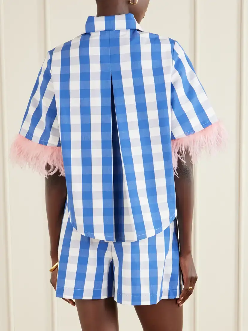 Marta Ferri Picnic Cropped Checked Feather-trimmed Cotton-blend Blouse | Thumbnail 3 Marta Ferri Picnic Cropped Checked Feather-trimmed Cotton-blend Blouse | Thumbnail 3
