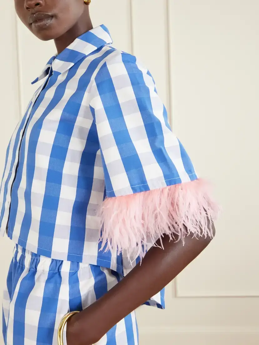 Marta Ferri Picnic Cropped Checked Feather-trimmed Cotton-blend Blouse | Thumbnail 4 Marta Ferri Picnic Cropped Checked Feather-trimmed Cotton-blend Blouse | Thumbnail 4