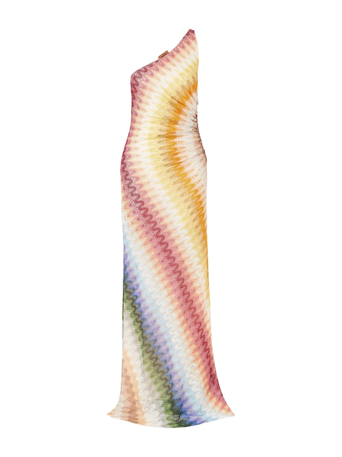 One-shoulder Striped Ruched Crochet-knit Maxi Dress
