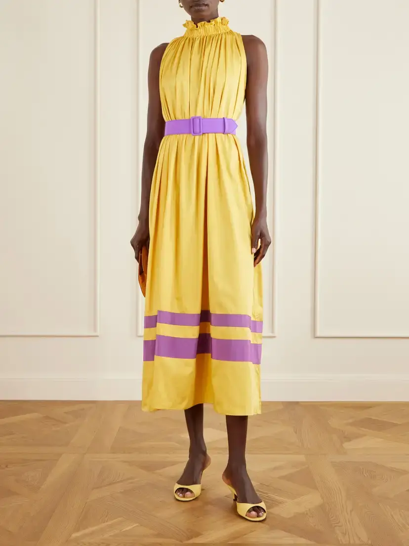 Marta Ferri Camogli Belted Ruched Grosgrain-trimmed Cotton-poplin Halterneck Midi Dress | Thumbnail 2 Marta Ferri Camogli Belted Ruched Grosgrain-trimmed Cotton-poplin Halterneck Midi Dress | Thumbnail 2