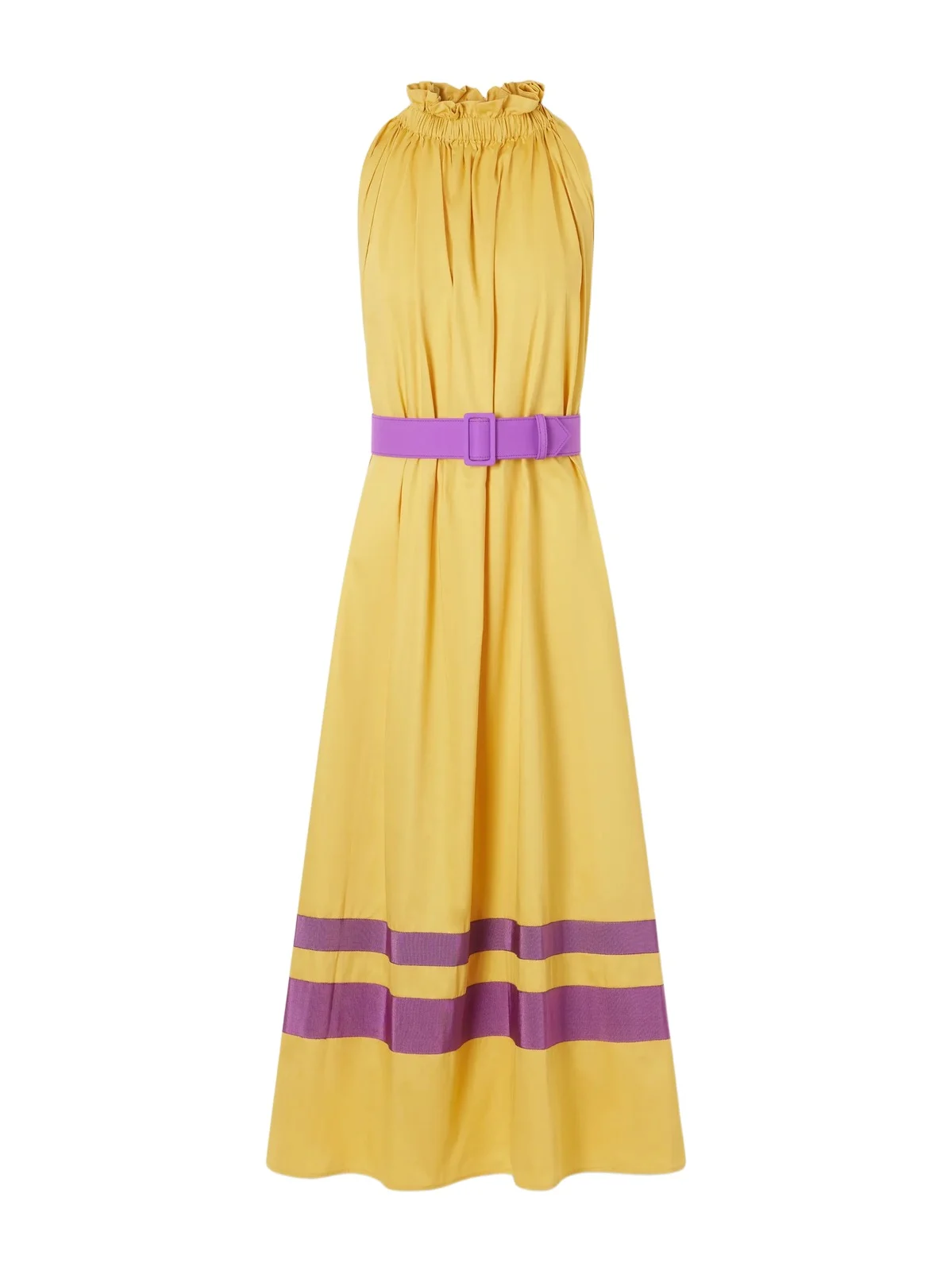 Camogli Belted Ruched Grosgrain-trimmed Cotton-poplin Halterneck Midi Dress