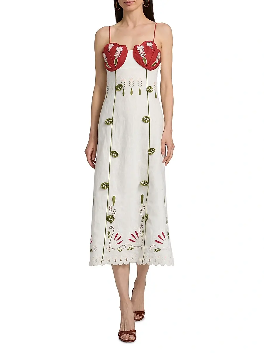 Farm Rio Women's Tulip Richilieur Embroidered Linen Midi-Dress | Thumbnail 2 Farm Rio Women's Tulip Richilieur Embroidered Linen Midi-Dress | Thumbnail 2